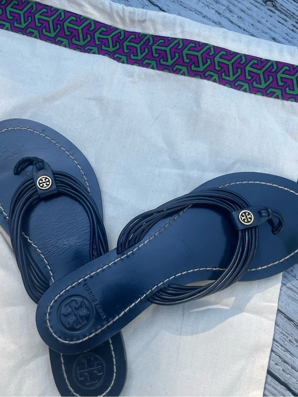 Tory Burch Navy Leather Multi-Strap Thong Sandals